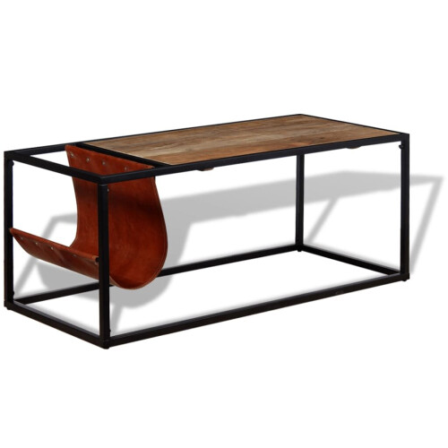 VidaXL vidaXL Coffee Couch End Side Accent Table with Genuine Leather Magazine Holder 2