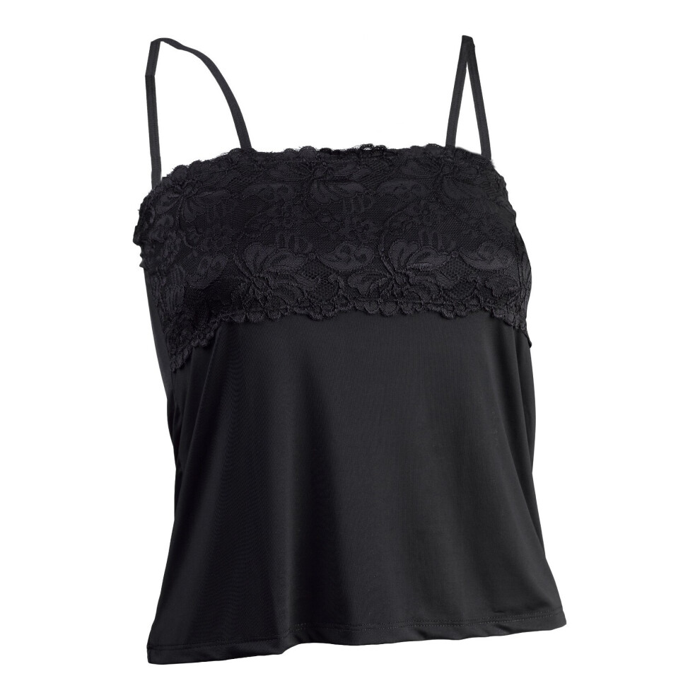 (Black, UK 10) Slenderella Gaspe Microfibre Lace Anti Static Contouring Cami Vest Top