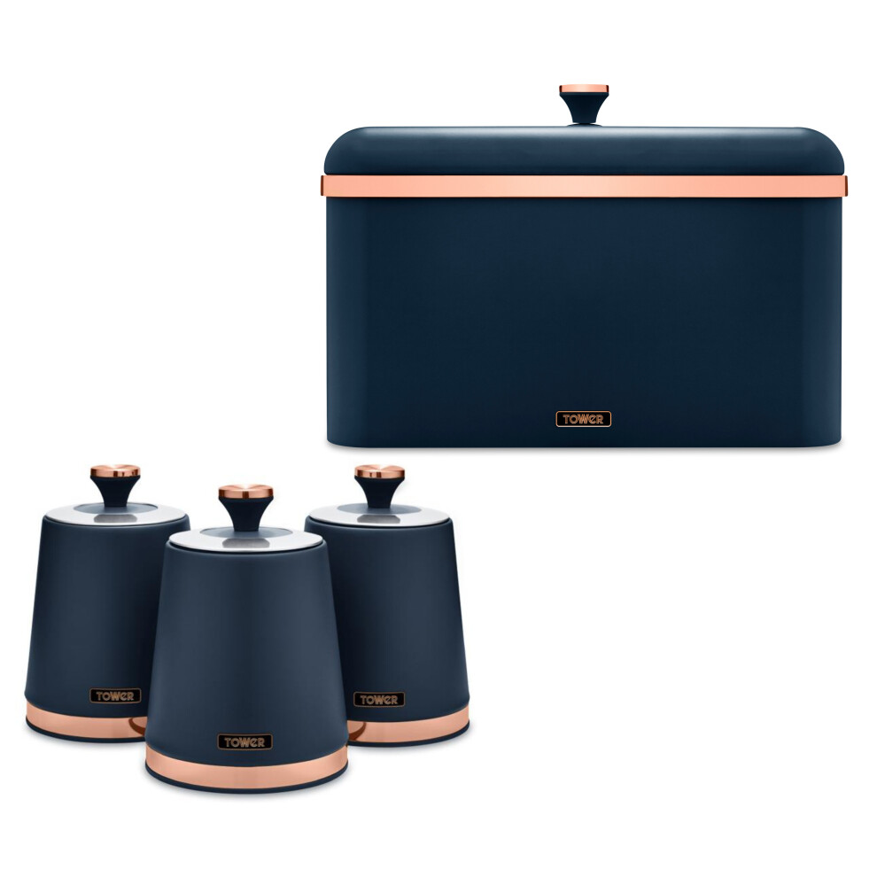 Tower Cavaletto Bread Bin & 3 Canisters Set in Midnight Blue/Rose Gold