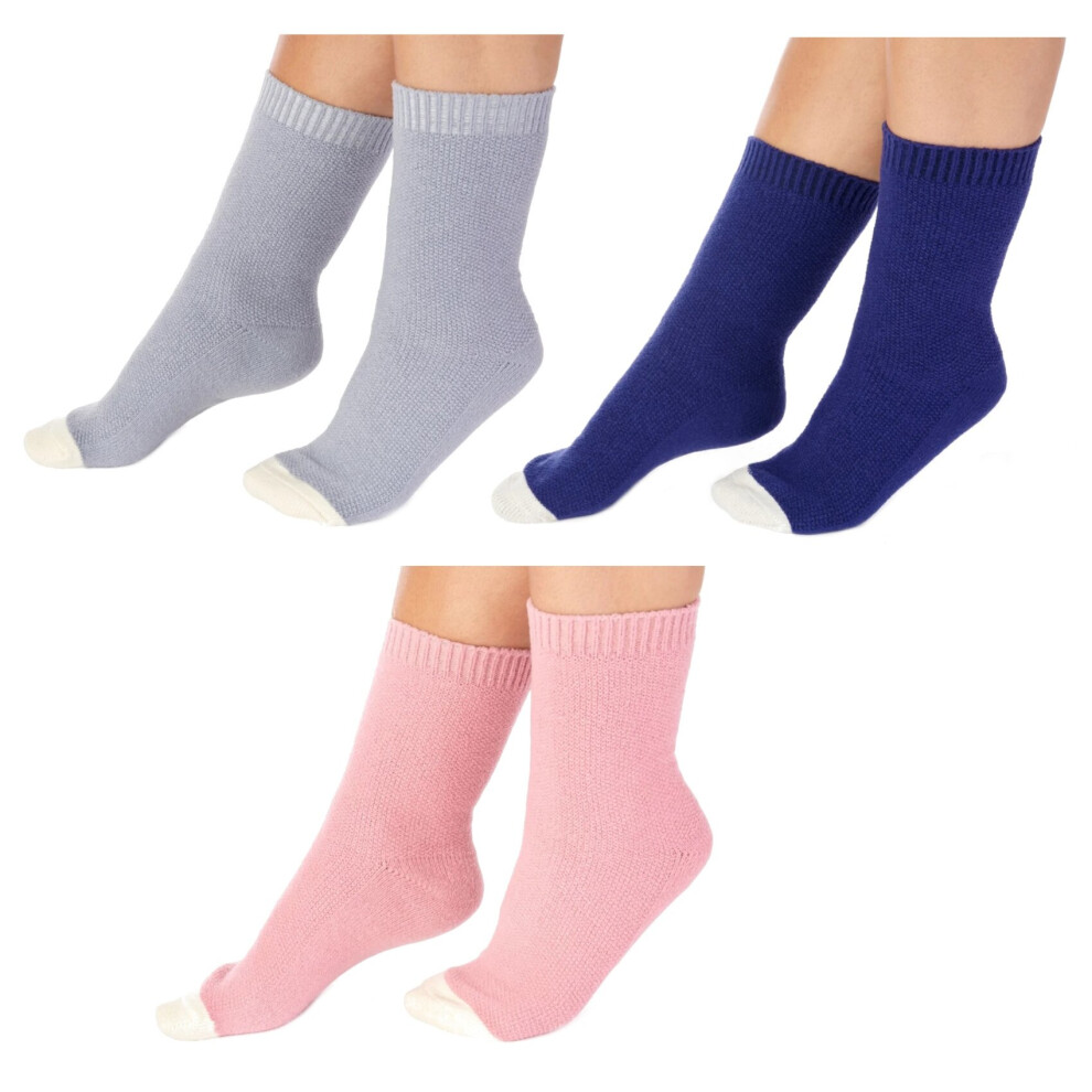 (1 x Grey, 1 x Navy & 1 x Pink) Slenderella Ladies Waffle Knit Contrast Toe Bed Socks One Size UK 4-7