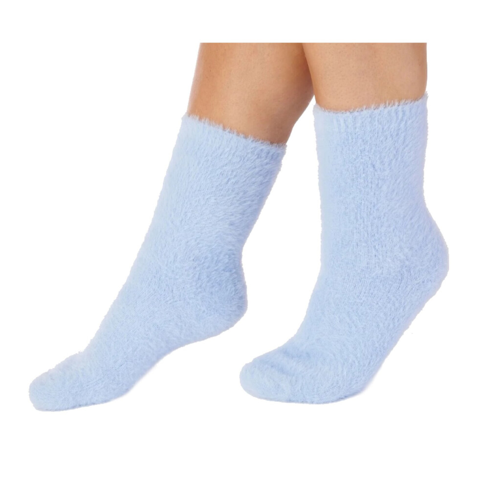 (Blue) Slenderella Ladies Plain Fleecy Nylon Bed Socks One Size UK 4-7