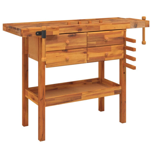 VidaXL vidaXL Solid Wood Acacia Workbench with Drawers and Vices Wooden Work Table