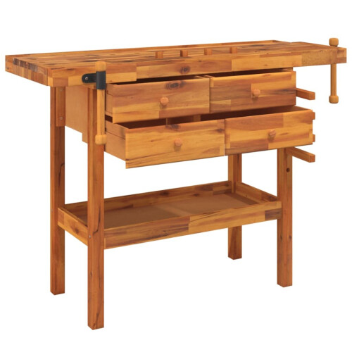 VidaXL vidaXL Solid Wood Acacia Workbench with Drawers and Vices Wooden Work Table 2