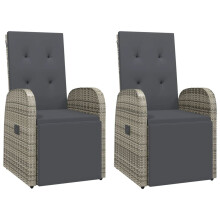 vidaXL 2x Reclining Garden Chairs with Cushions Grey Poly Rattan Recliner
