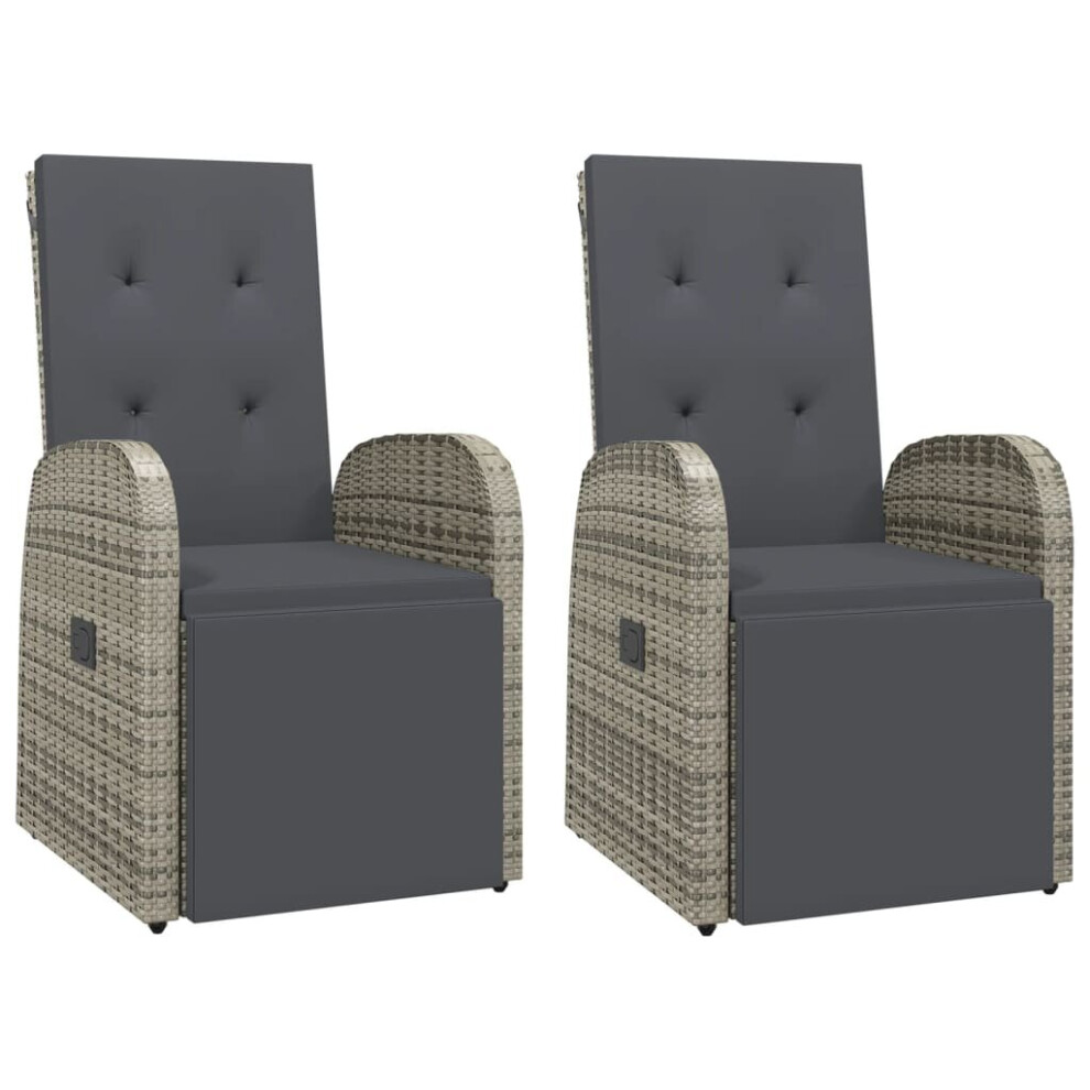 vidaXL 2x Reclining Garden Chairs with Cushions Grey Poly Rattan Recliner