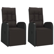vidaXL 2x Reclining Garden Chairs with Cushions Black Poly Rattan Recliner