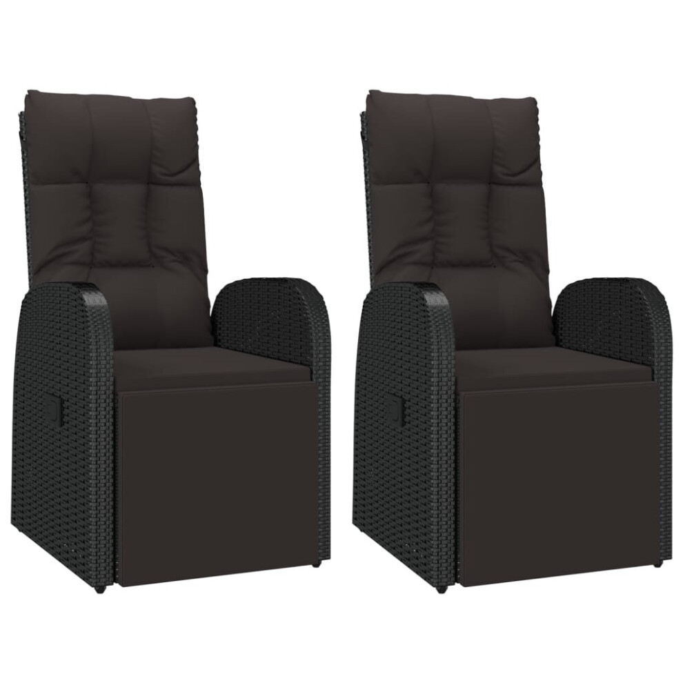 vidaXL 2x Reclining Garden Chairs with Cushions Black Poly Rattan Recliner