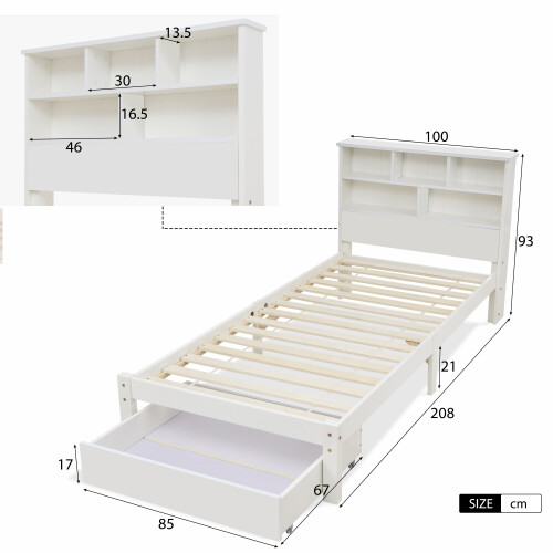 3FT Single Bed with Shelves, White Wooden Storage Bed, Underbed Drawer 1