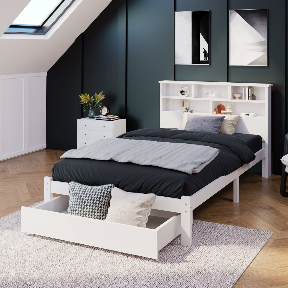 3FT Single Bed with Shelves, White Wooden Storage Bed, Underbed Drawer