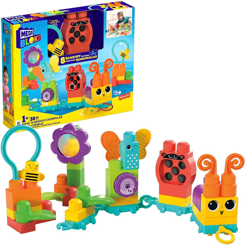 MEGA BLOKS Sensory Toys for Toddlers, Move 'n Groove Caterpillar with Building Blocks and Pull String for Movement for Ages 1-3, HKN44