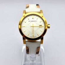 NEW BURBERRY BU9110 THE CITY GOLD WHITE TONE LEATHER STRAP WOMEN WATCH