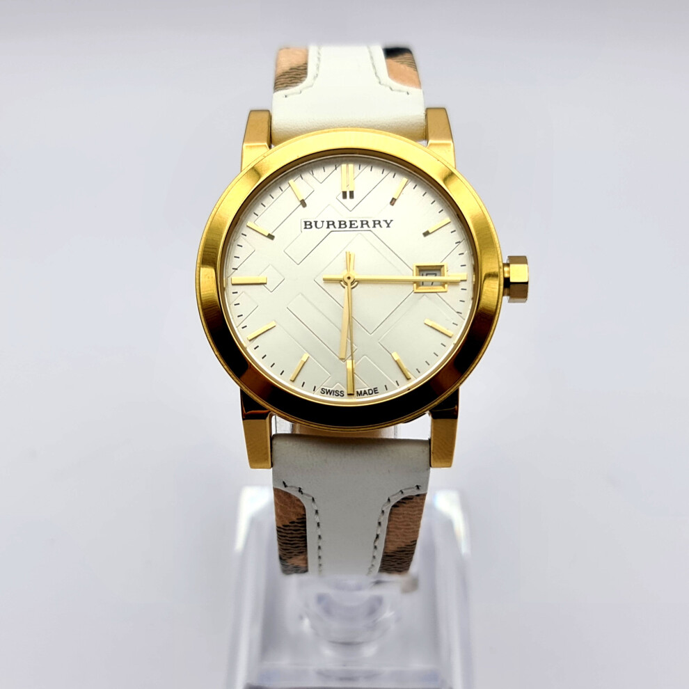 NEW BURBERRY BU9110 THE CITY GOLD WHITE TONE LEATHER STRAP WOMEN WATCH