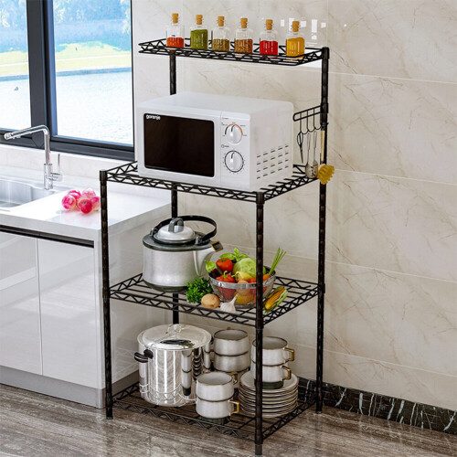 Living And Home 4 Tier Kitchen Storage Rack Shelf Organiser with Hooks