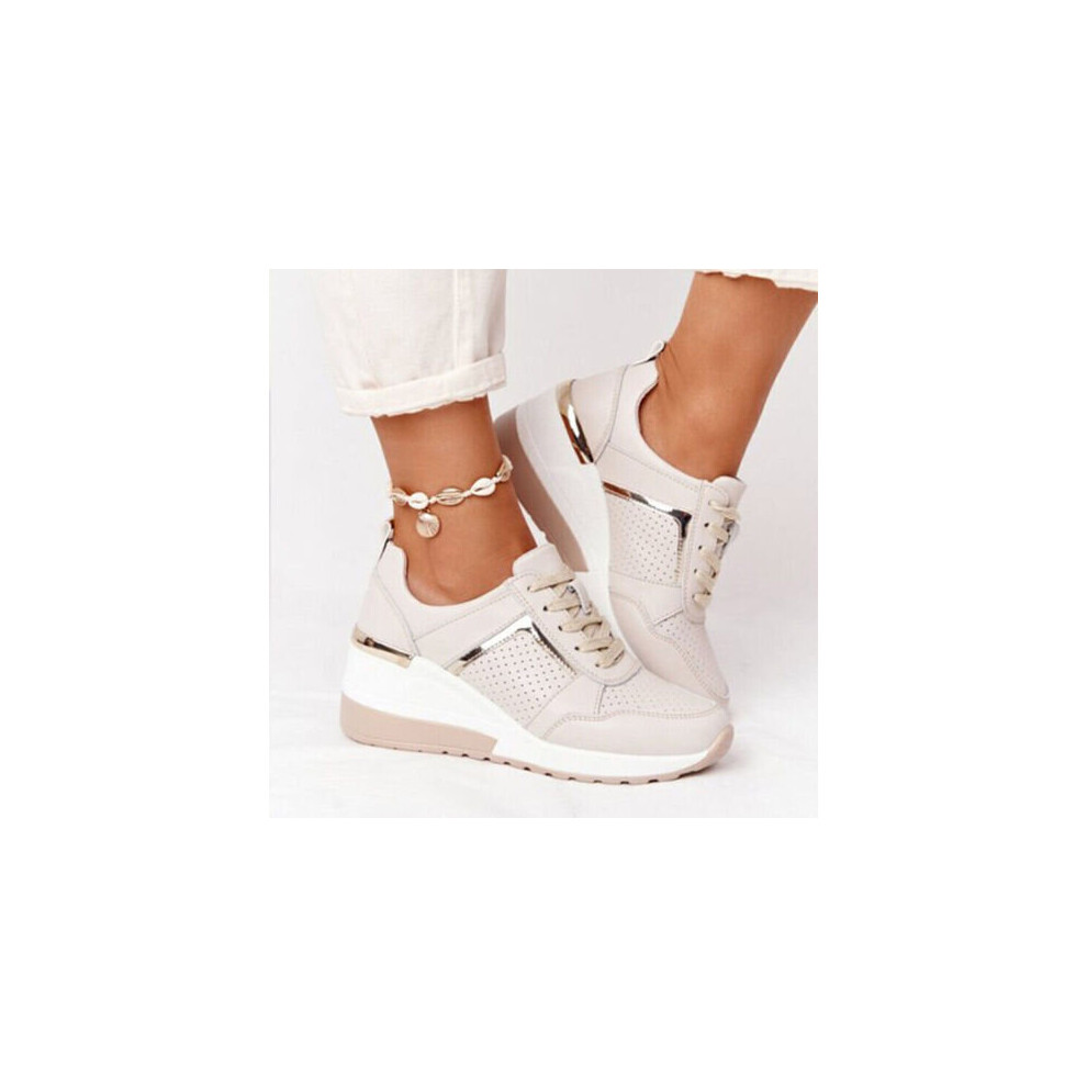 (  Beige,   Tag size 41 / 7 UK) Womens Sneakers Lace Up Comfy Classic Pumps Shoes Ladies Wedge Hidden Trainers
