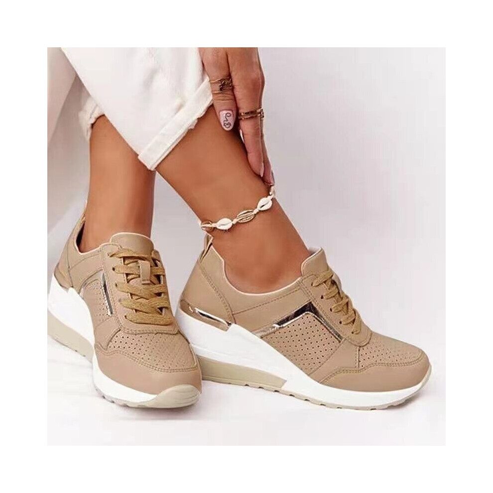 (  Light brown,   Tag size 37 / 4 UK) Womens Sneakers Lace Up Comfy Classic Pumps Shoes Ladies Wedge Hidden Trainers