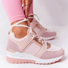 ( Pink, Tag size 36 / 3 UK) Womens Sneakers Lace Up Comfy Classic Pumps Shoes Ladies Wedge Hidden Trainers