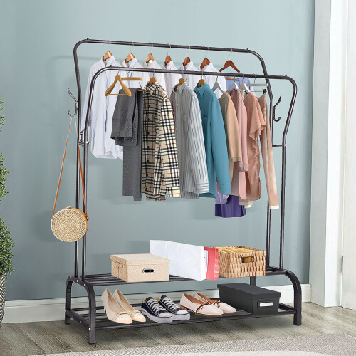 Black Garment Rack Drying Freestanding Hanger Double Clothing Rails 2