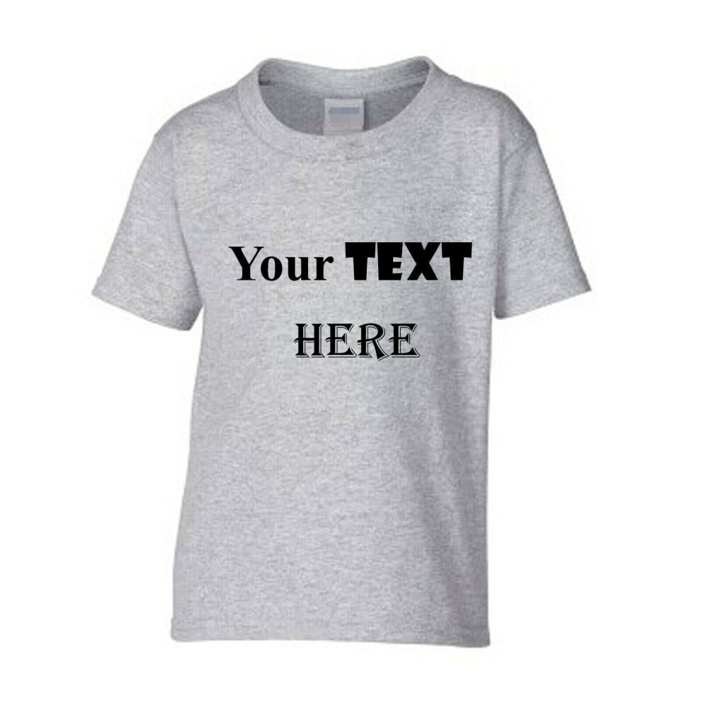 (Grey, 2XL / 6T / 5-6 YO) Personalised Customised Boys Girls Kids Custom Printed Text T-Shirt Printing Tee