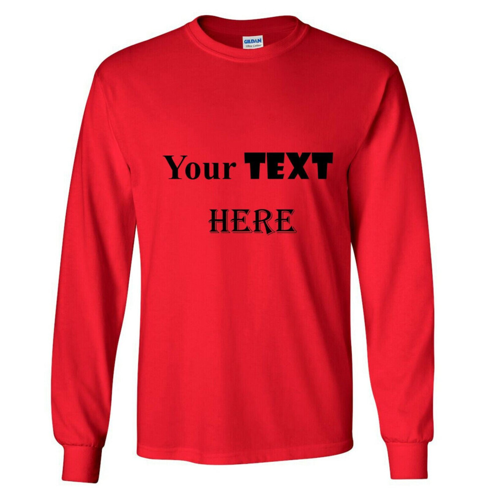 (Red, S) Personalised Customised Mens Custom Printed Long Sleeve T-Shirt Text Printing