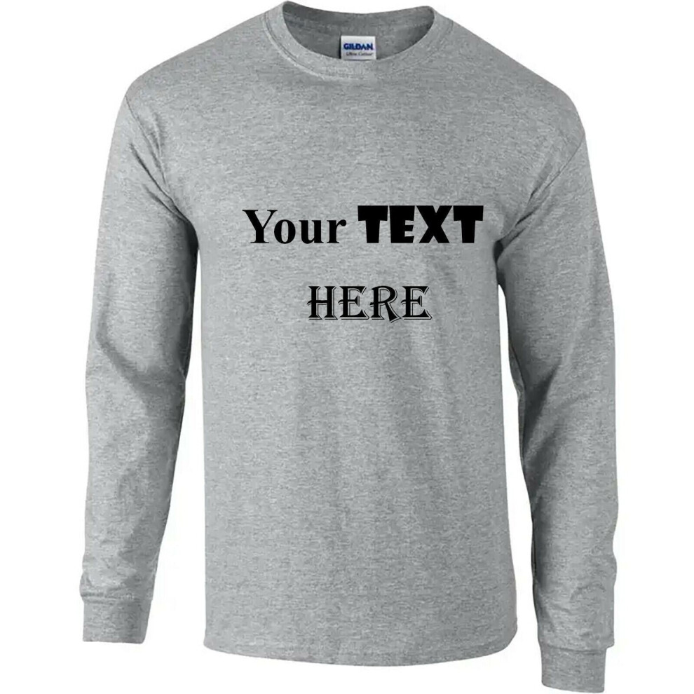 (Grey, 3XL) Personalised Customised Mens Custom Printed Long Sleeve T-Shirt Text Printing