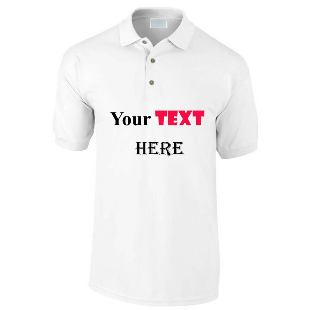 (White, S) Personalised Mens Polo Collar Custom Printed T-Shirt Text Word Printing Tee