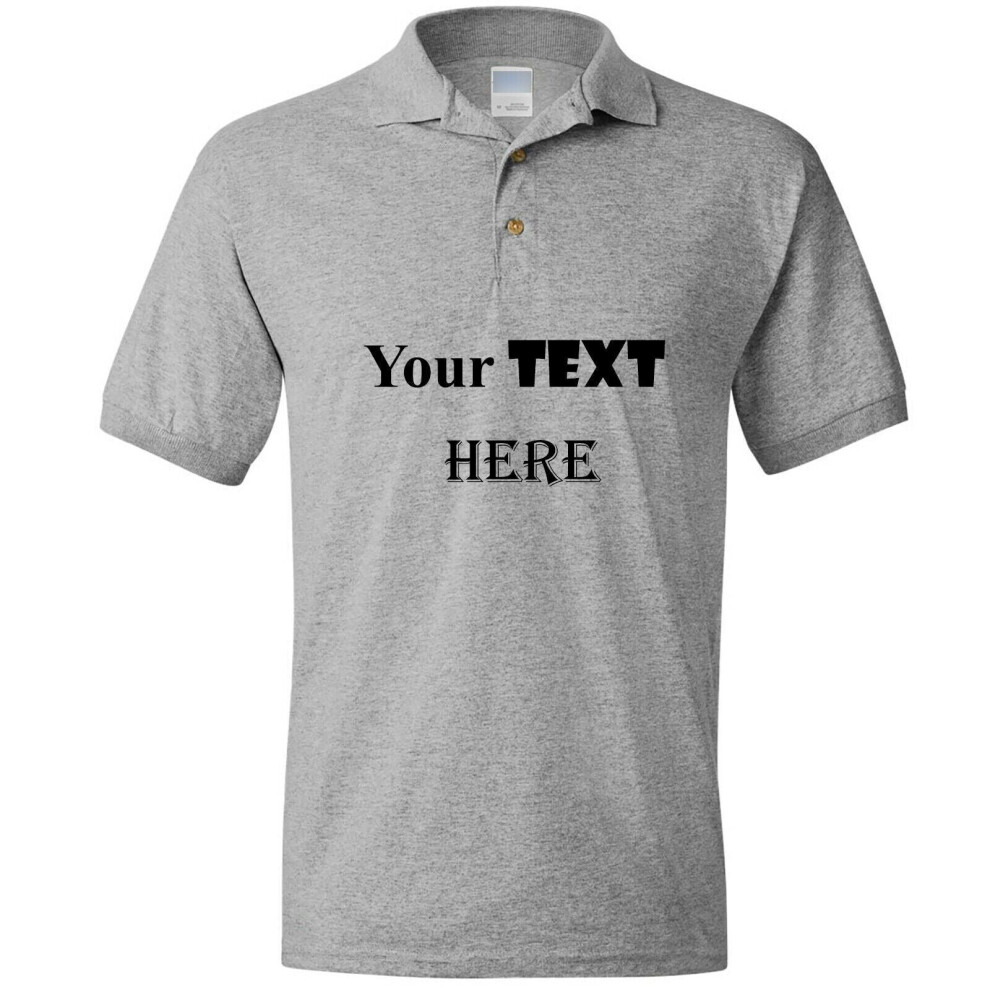 (Grey, S) Personalised Mens Polo Collar Custom Printed T-Shirt Text Word Printing Tee