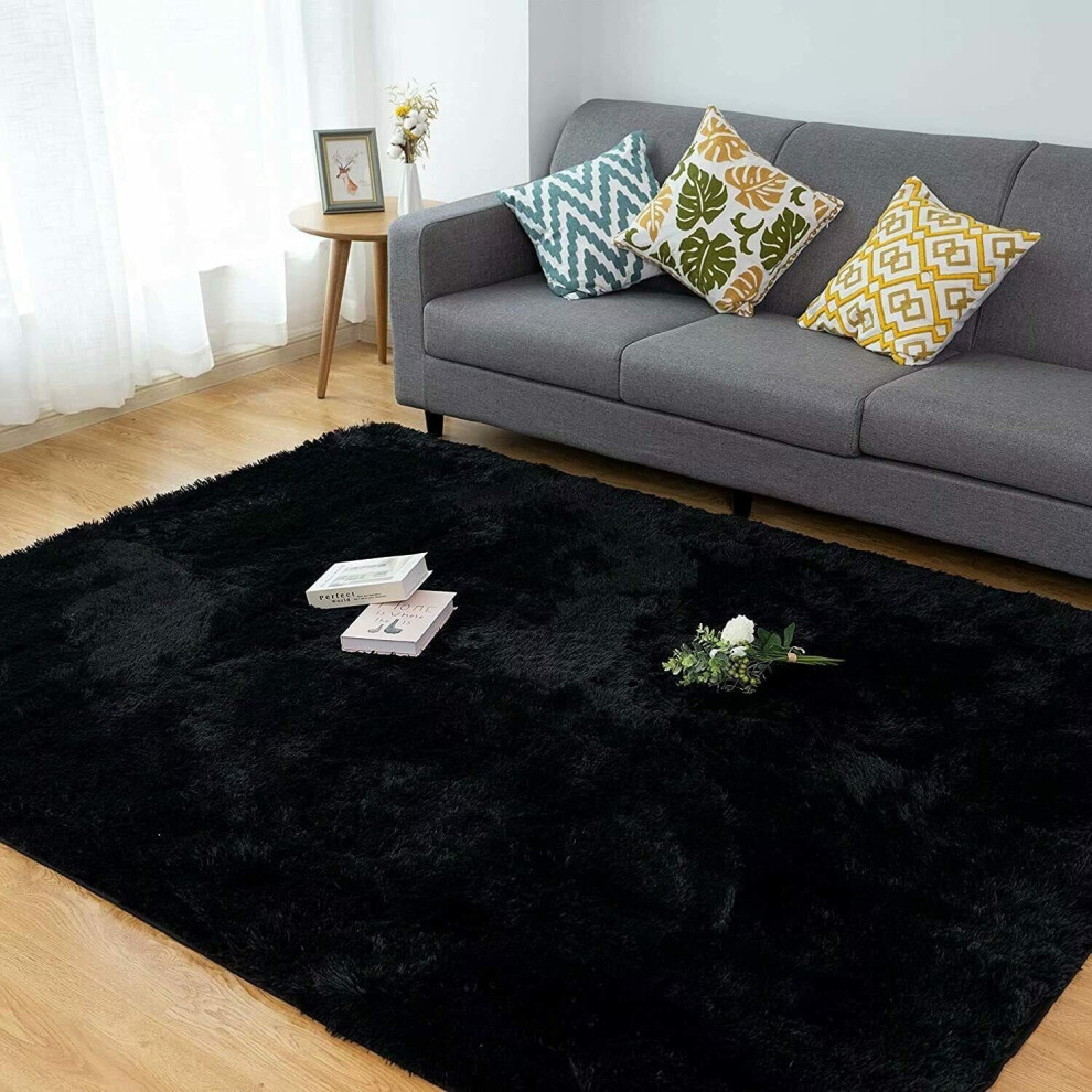 (120 x 170 , Black ) Fluffy Large Luxury Rugs Anti-Slip Super Soft Carpet Mat