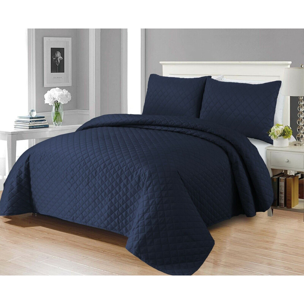 (Blue , Super King ) 3pCs Luxury Quilted Embossed Bedspread Bed Throw