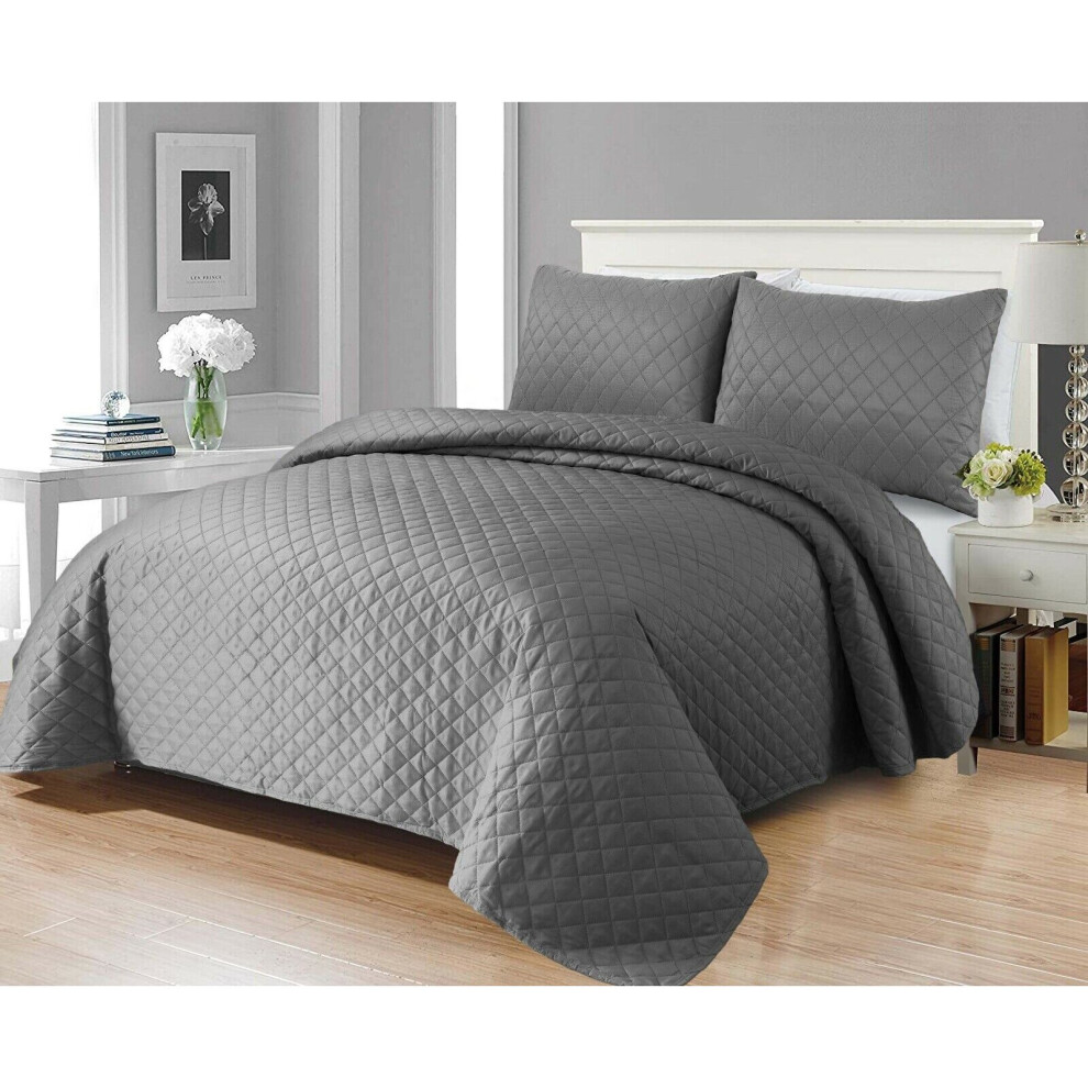 (Grey , Super King ) 3pCs Luxury Quilted Embossed Bedspread Bed Throw