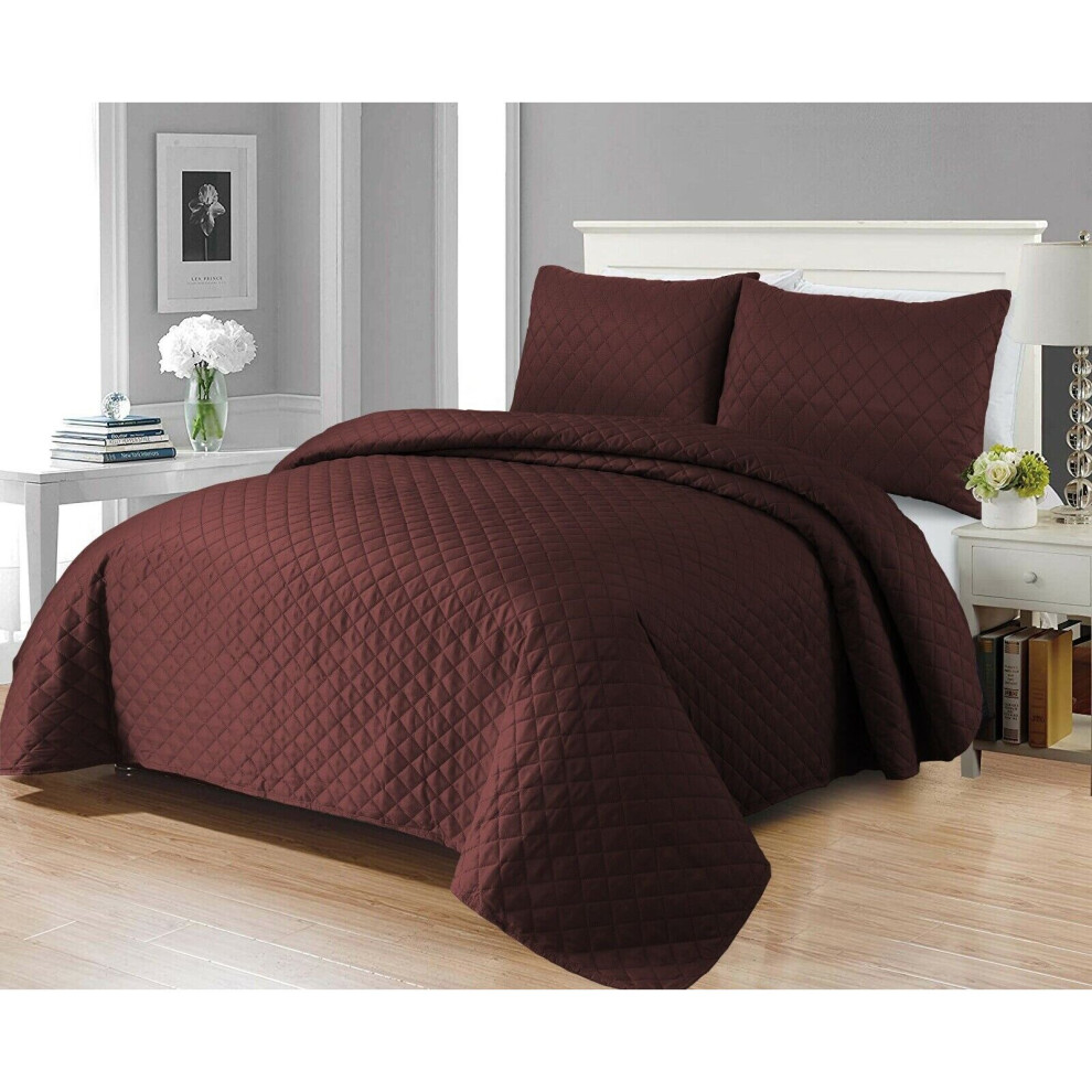 (Burgundy , Super King ) 3pCs Luxury Quilted Embossed Bedspread Bed Throw