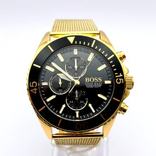 Hugo Boss Ocean EDISION 1513703 Yellow Gold Mesh Strap Mens Watch – 48mm Stainless Case, Black Dial, 100m WR