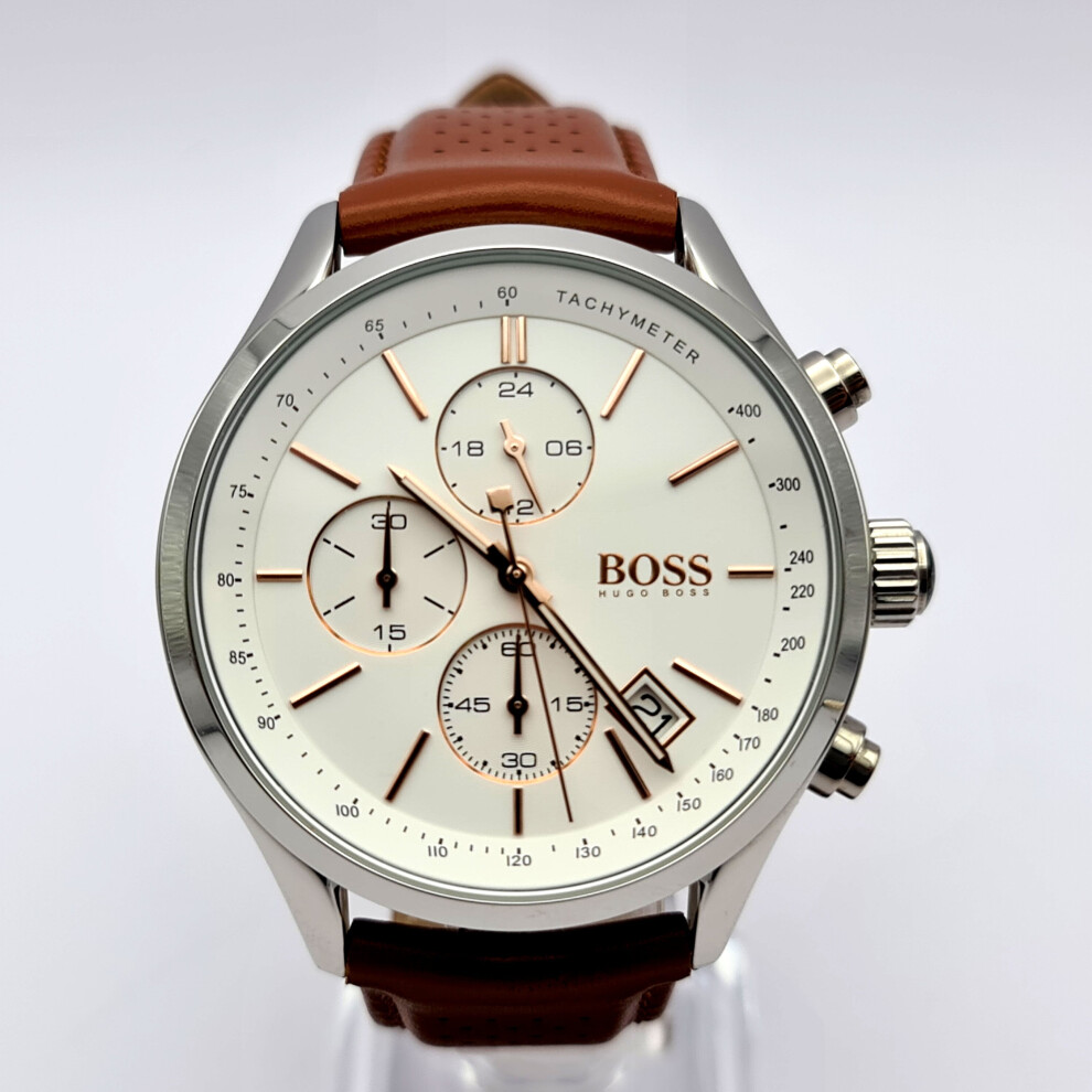 NEW HUGO BOSS 1513475 GRAND PRIX BROWN LEATHER STRAP MENS WATCH UK
