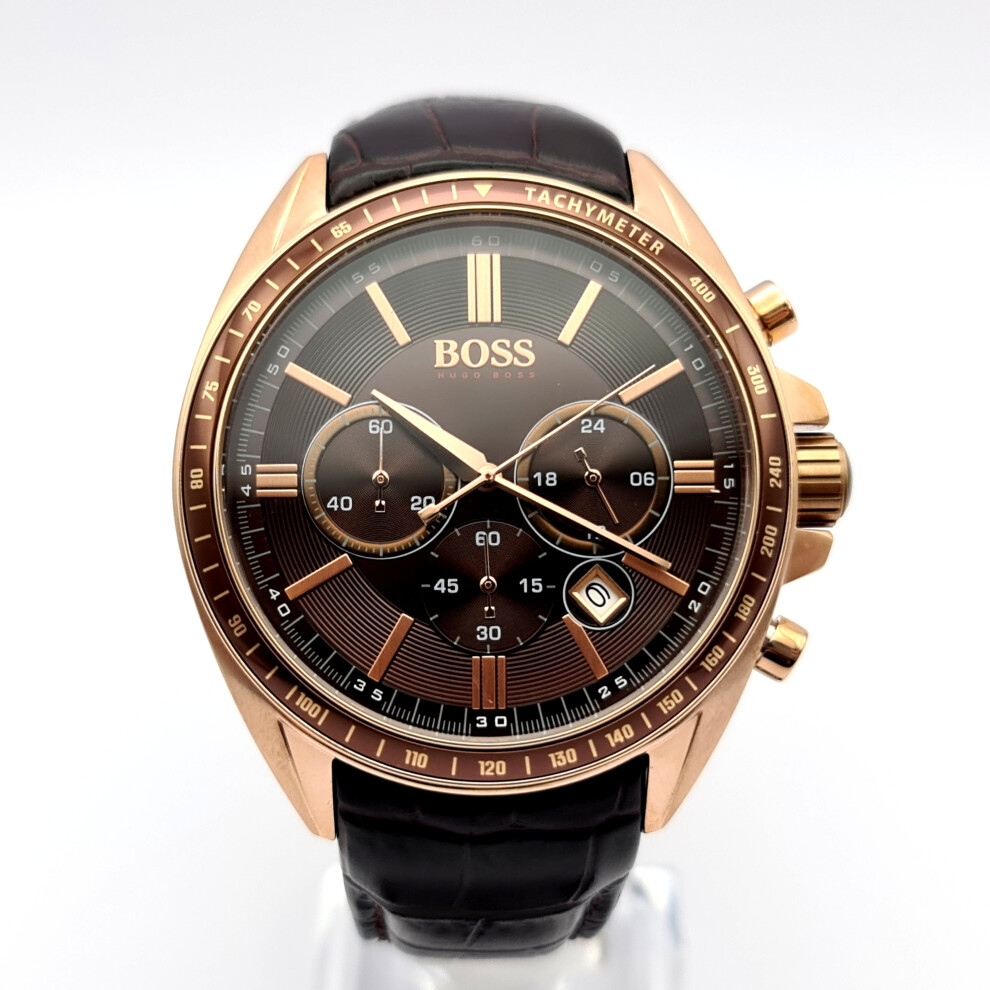 NEW HUGO BOSS 1513093 MENS ROSE GOLD DRIVERS SPORTS BROWN STRAP WATCH