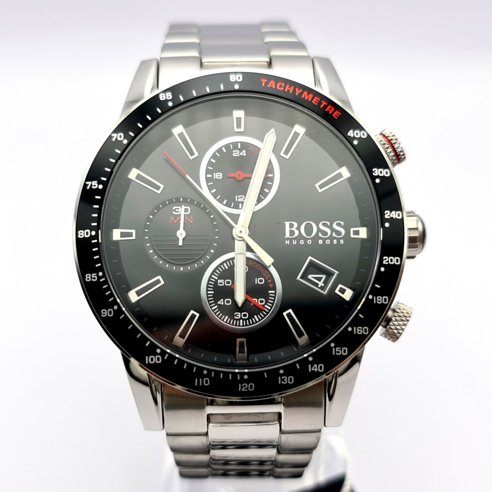 NEW GENUINE HUGO BOSS 1513509 RAFALE SILVER &BLACK TONE MEN'S WATCH