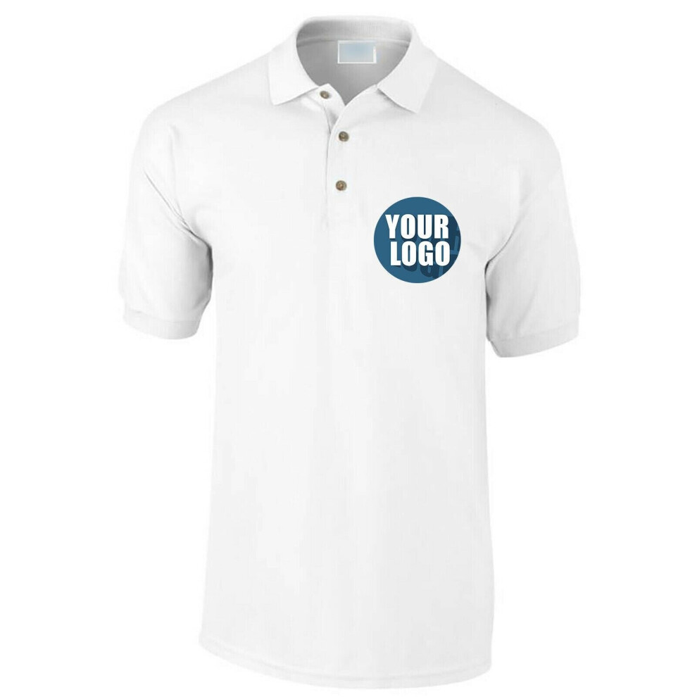 (L) Personalised Mens White Custom Printed Polo Collar T-Shirt Logo Printing Tee