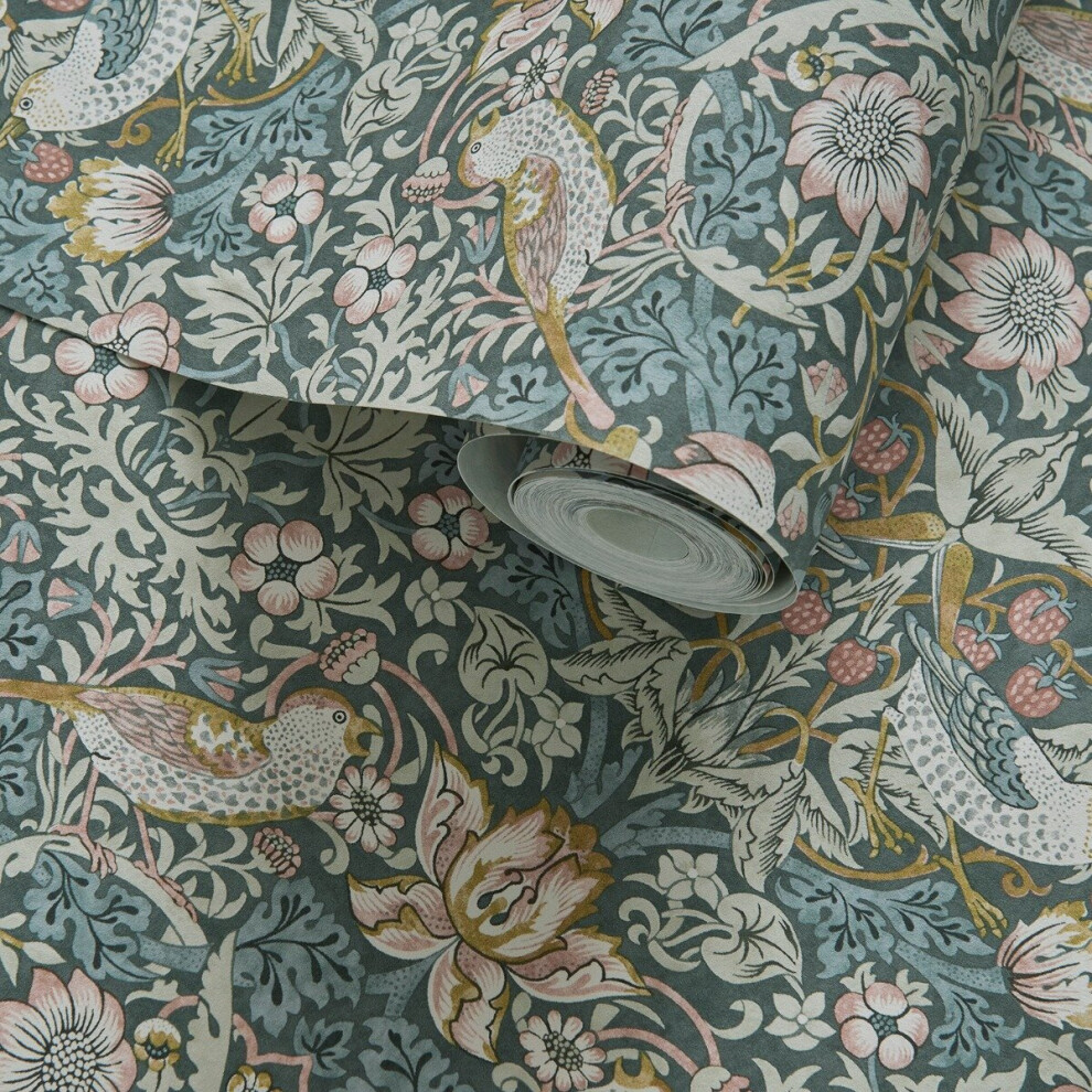 William Morris Strawberry Thief Wallpaper Slate Grey and Blush W0171/05