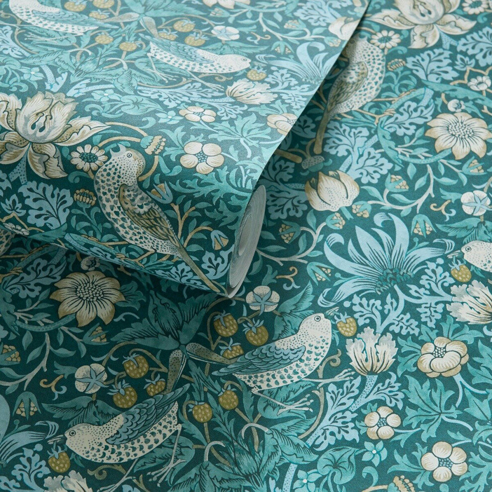 William Morris Strawberry Thief Wallpaper Deep Teal W0171/06 5060040048214