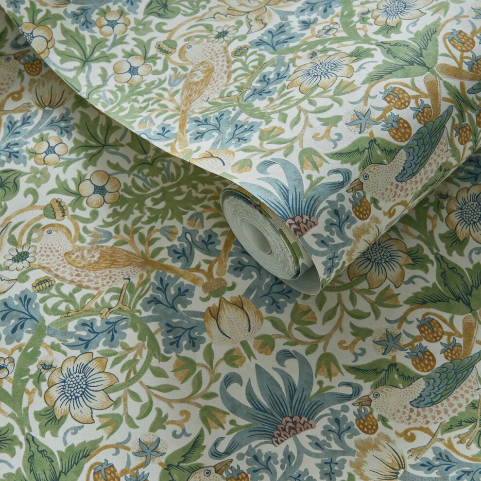 William Morris Strawberry Thief Wallpaper Apple Green And Blush W0171/01 5060040048160