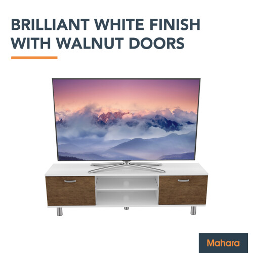 Brilliant White with Walnut Finish Doors TV Stand for TVs Up To 65" on