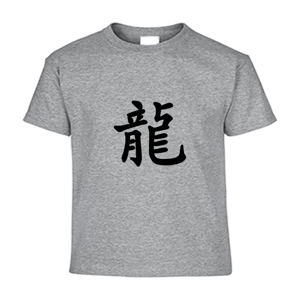 (Medium / 3T / 2-3 YO) Chinese Dragon Character Caligraphy Word Art Kids Boys Girls T Shirt Tee Top Grey