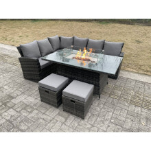 Fimous High Back Rattan Garden Furniture Sets Gas Fire Pit Dining Table Set  8 Seater