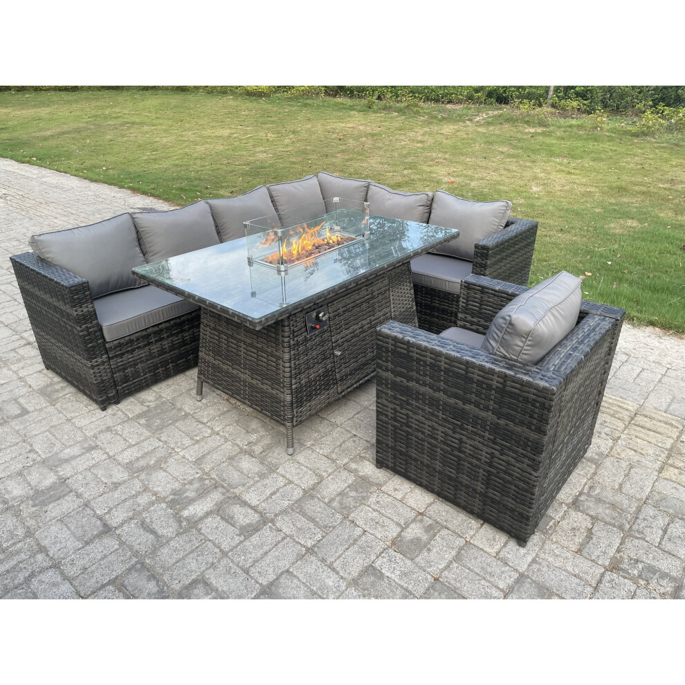 Fimous Outdoor Rattan Garden Corner Furniture Gas Fire Pit Dining Table Gas Heater Set 7 Seater