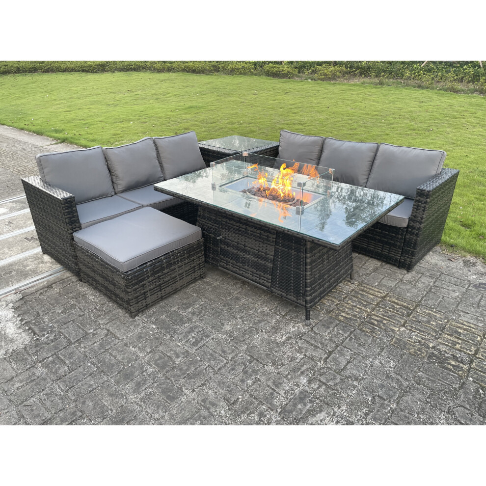 Fimous Outdoor Rattan Garden Furniture Gas Fire Pit Dining Table Sets Gas Big Footstool 7 Seater