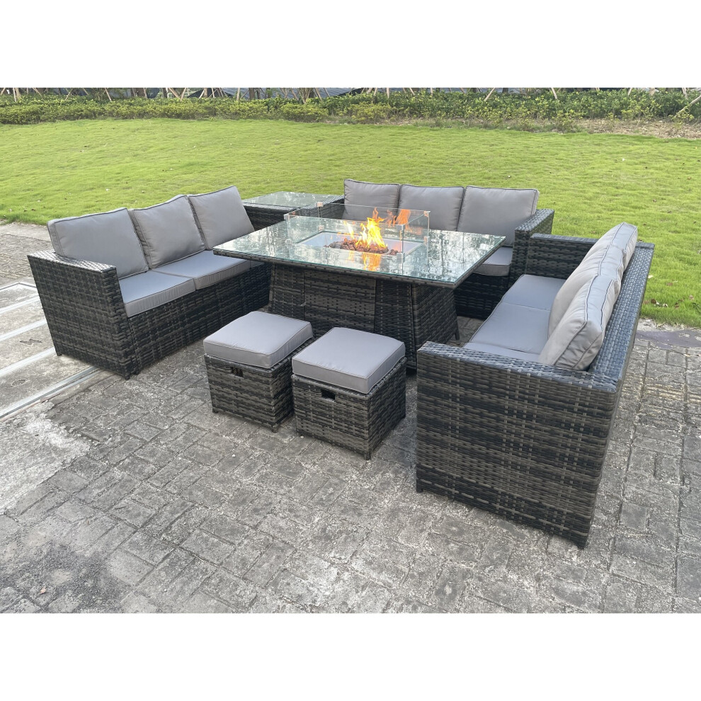 Fimous Outdoor Rattan Garden Furniture Gas Fire Pit Dining Table Gas Heater Sets 11 Seater
