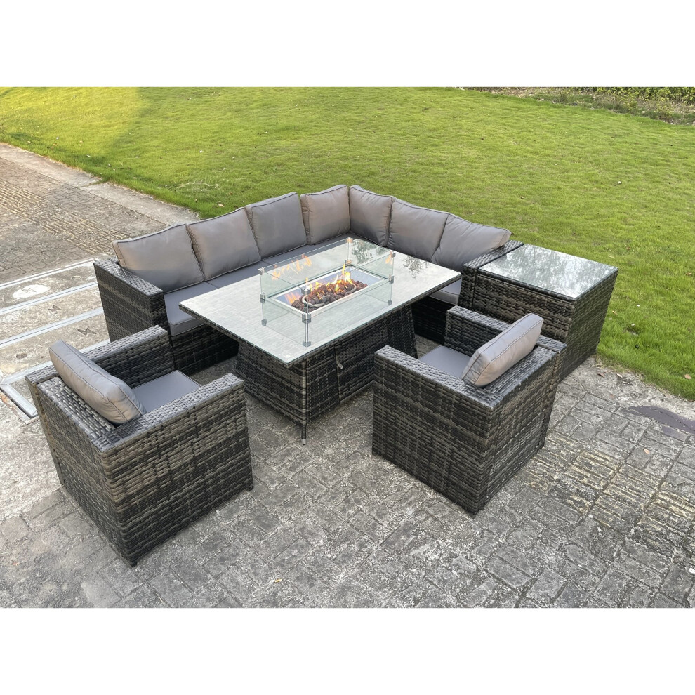 Outdoor PE Rattan Garden Furniture Gas Fire Pit Dining Table Lounge Sofa 2 PC Armchairs Footstools