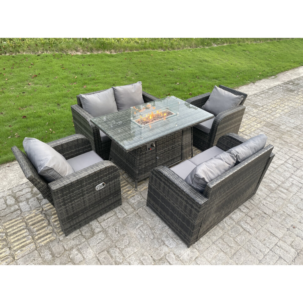 Fimous Rattan Outdoor Furniture Gas Fire Pit Rectangle Dining Table 6 Seater