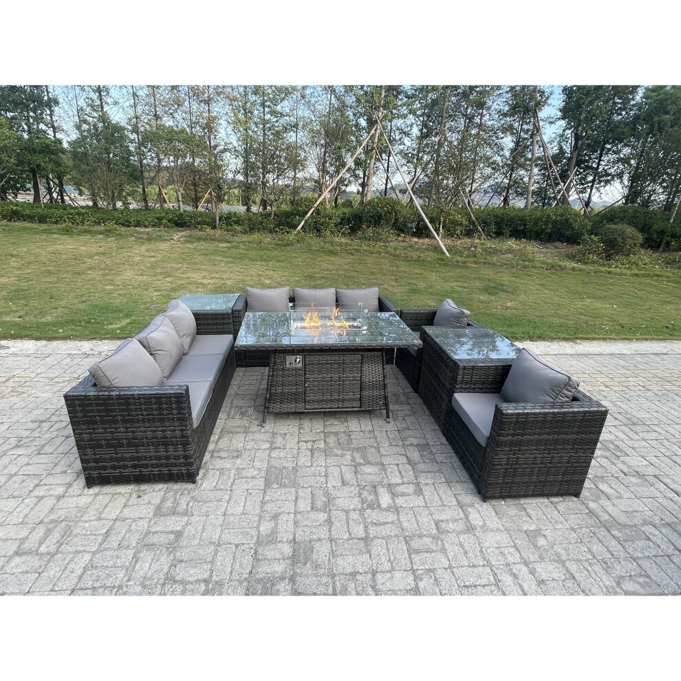 Fimous Rattan Garden Furniture Gas Fire Pit Dining Table Gas Heater Chairs Side Tables 8 Seater