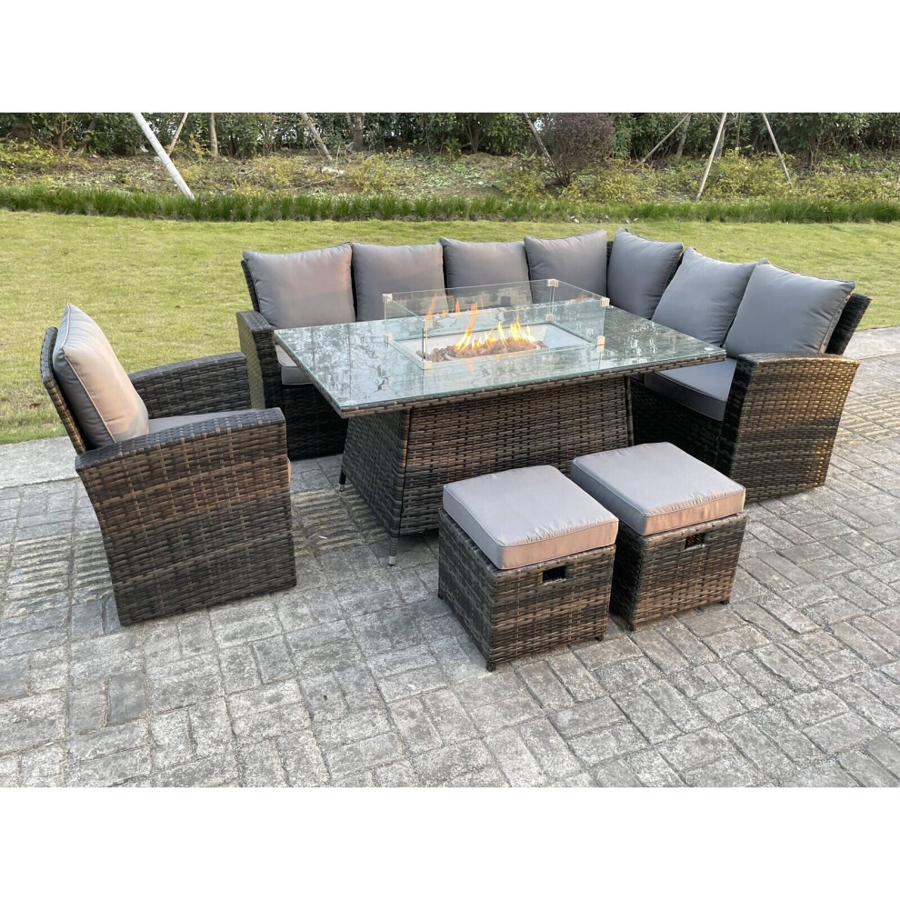 Fimous Rattan Garden Furniture Sets Gas Fire Pit Dining Table Set Right Corner Sofa