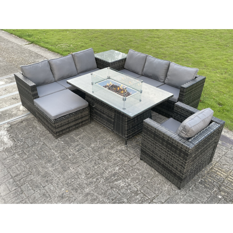 Rattan Garden Furniture Set Gas Fire Pit Lounge Sofa Chair Dining Set With 2 Side Table