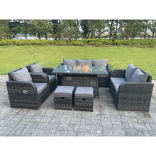 Fimous  9 Seater Rattan Outdoor Garden Furniture Gas Fire Pit Table Sets Lounge Sofa